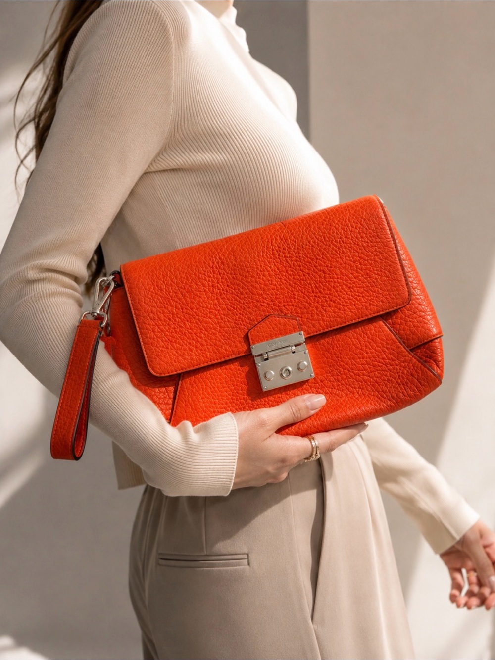 Calvin Klein Orange Leather Wristlet Clutch with Silver Lock